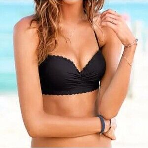 Victoria Secret Black Underwire Getaway Halter Scalloped Ruched Bikini Top 36B